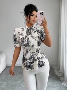 Modelyn 蝴蝶结装饰花卉灯笼袖优雅通勤女式衬衫，春夏款 - 杏色 - 查看 6