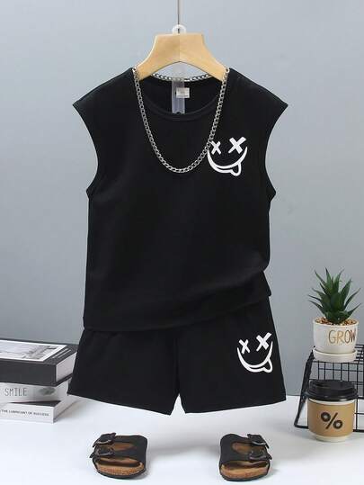 SHEIN 2pcs/Set Kids Summer Sleeveless Crew Neck Graphic Tee And Shorts Outfit, Black Main Color With Funny Face Print, Activewear & Casual Suit For Children