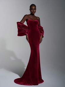 Elitara Elegant Dark Purple Velvet Formal Gala Dress, Backless Rhinestone Decor Batwing Sleeves Fishtail Hem Train, Birthday Wedding Event Gown - Burgundy - View 2