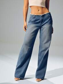 Denimoi Low Rise Raw Edge Straight Leg Denim Jeans Low Rise Jeans Low Rise Denim Jeans Fashionable Y2K Outfits Sexy Jeans Sexy Bottoms Summer Style Summer Outfits For Women Concert Outfits - Medium Wash - View 6