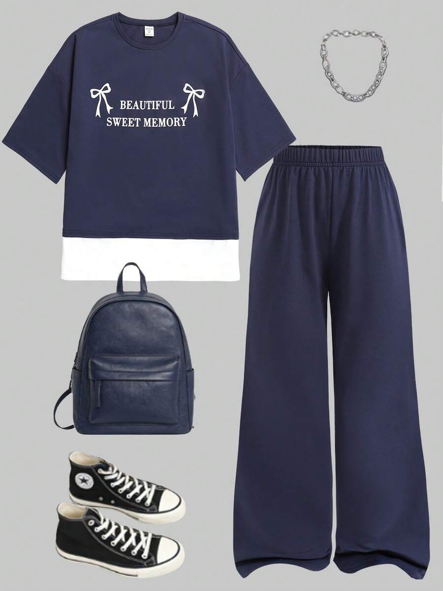 Girlism 少女T恤和裤子套装 - 藏蓝色 - 查看 1