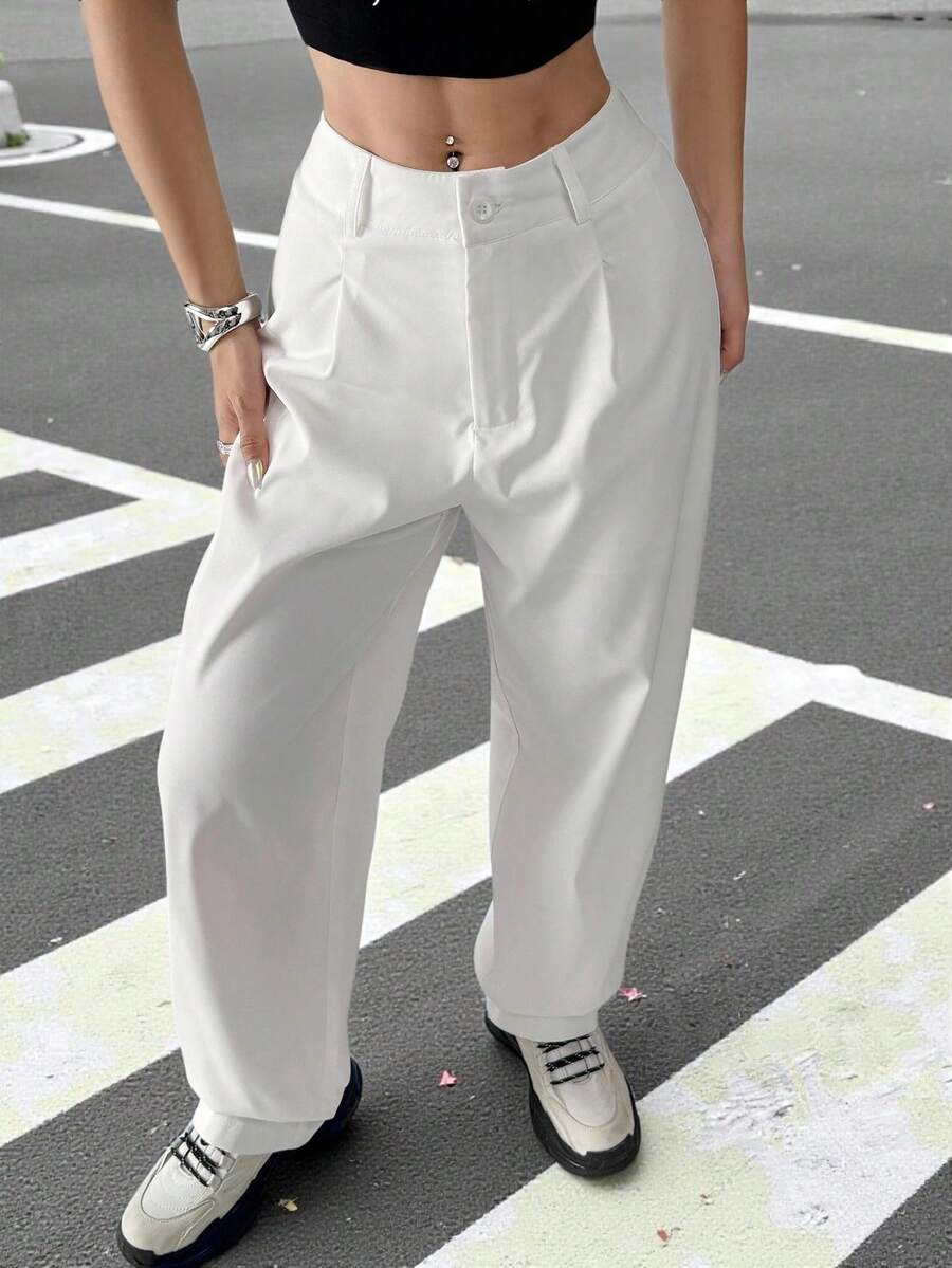 SHEIN EZwear Pantalones rectos y sueltos de color gris casual, unicolor, de talle alto y de pierna larga - Blanco - Ver 1