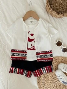 SHEIN 3pcs/Set Baby Boys Cute Knitted Short Sleeve T-Shirt, Colorblock Shorts, Vest Jacket Outfit, Suitable For Formal Occasions, Birthday Party, Rave, Evening Party, Performance, Wedding, Baby Shower, 1st Birthday Celebration - Multicolor - View 5