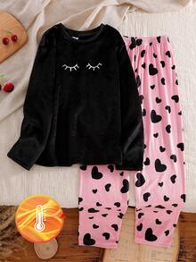 两件套女童毛绒睡衣，睫毛刺绣和爱心印花长裤，舒适面料，适合日常穿着，秋冬季 - 彩色 - 查看 7