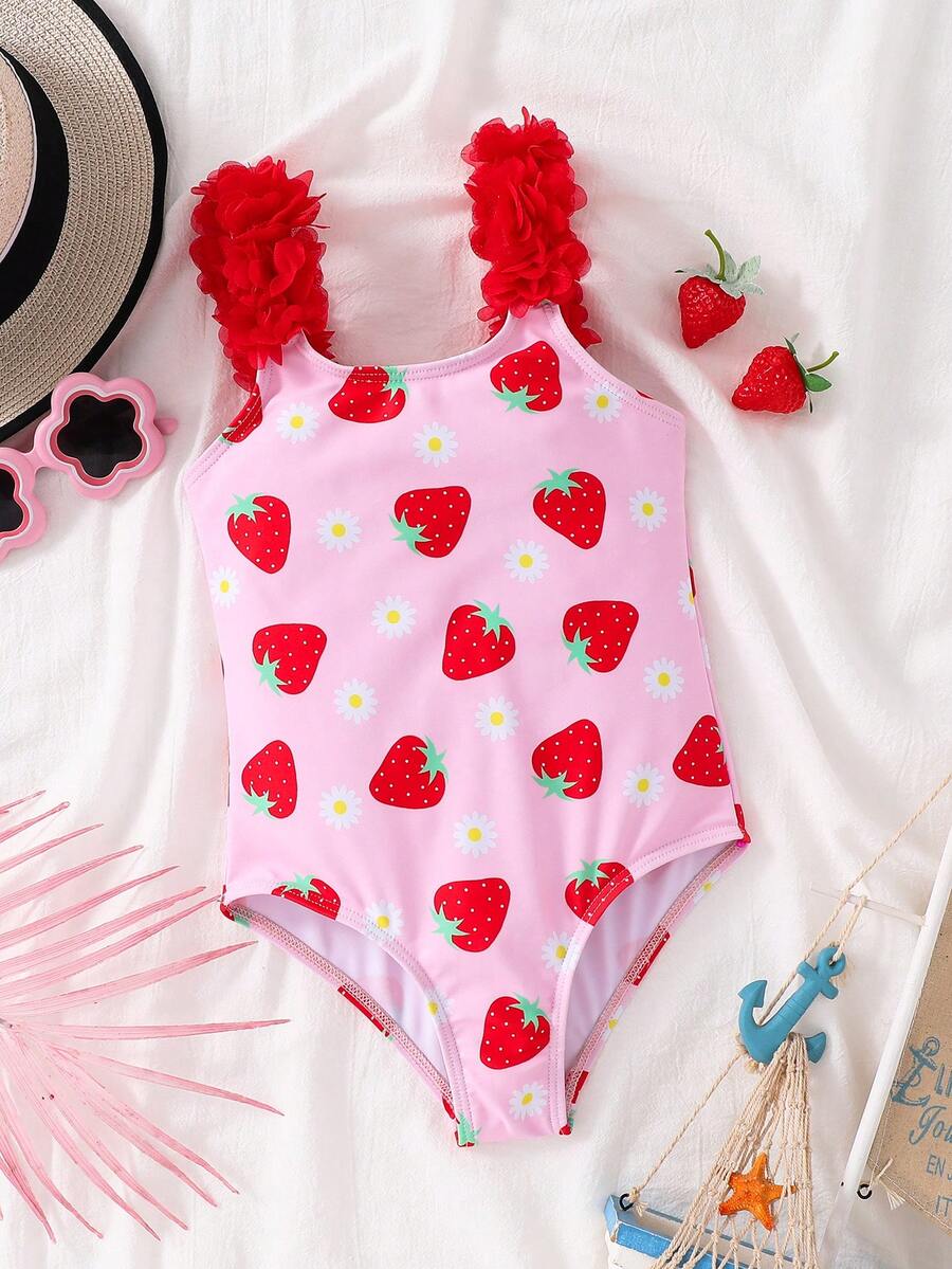 SHEIN 女童针织条纹蝴蝶结设计3D花朵连体泳衣 女童粉色蝴蝶结泳衣 女童条纹泳衣 女童连体泳衣 女童粉色连体泳衣 女童泳装 - 粉色 - 查看 1
