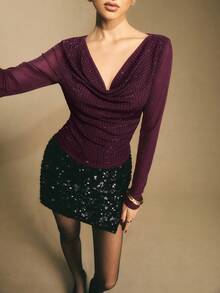 Poéselle Women's Elegant Party Ruched Rhinestone Embellished Draped Neck Long Sleeve T-Shirt, Spring/Autumn - Burgundy - View 7