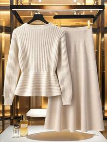 GlowEve CURVE 大码女式纯色圆领长袖毛衣和针织中长裙休闲套装，秋冬 - 杏色 - 查看 2