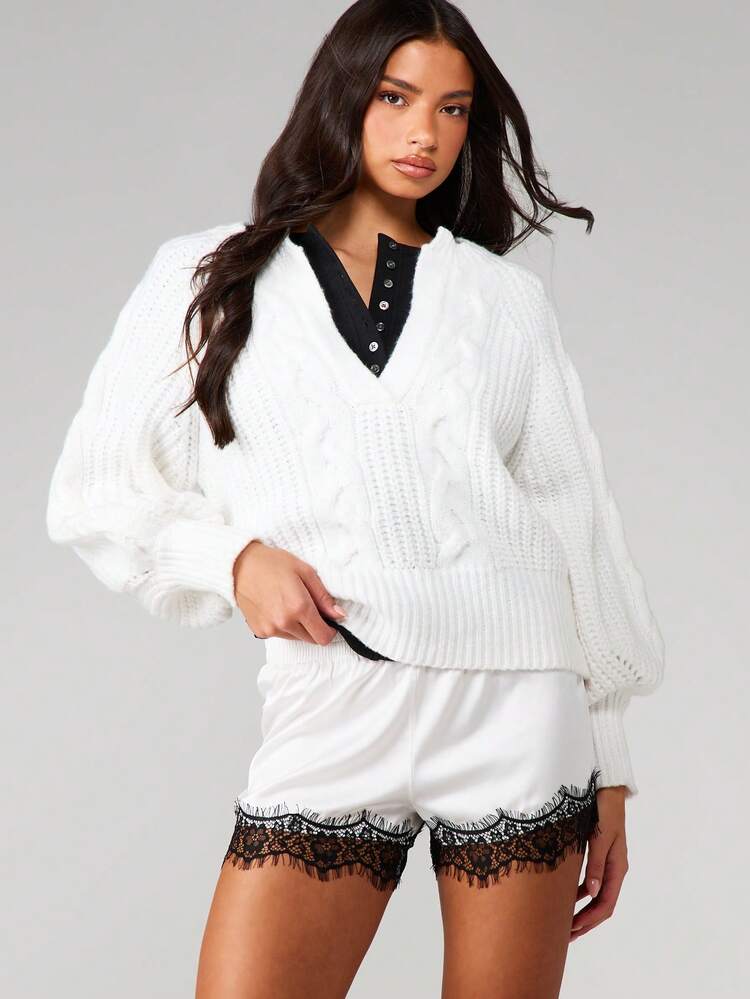 MISSGUIDED Lace Trimmed Sleep Shorts Loungewear Pajama Bottoms Elastic Waistband Comfort Sleepwear Summer Nightwear Drawstring