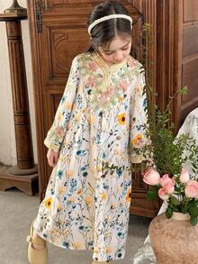 SHEIN Tween Girl Floral Print Ribbon Trim V-Neck Long Sleeve Loose Dress - Multicolor - View 3