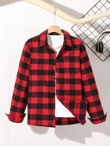 青少年男士绅士格子领长袖衬衫，百搭时尚休闲衬衫，适合商务、学校、聚会、日常穿着 - 紅色 - 查看 3