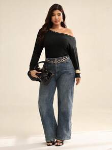 Auralis 大码女装秋冬时尚休闲高弹舒适日常百搭显瘦黑色露肩长袖套头毛衣，冬季秋季Y2K长袖黑色上衣，新年性感黑色上衣 - 黑色 - 查看 5