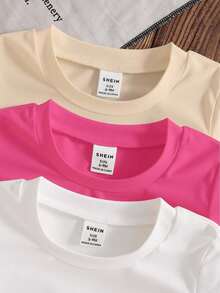 SHEIN 3pcs/Set Infant Toddler Unisex Casual Cute Leopard Heart Letter Print Long Sleeve Knit Crew Neck Sweater & Short Sleeve T-Shirt, Suitable For Baby Boys & Girls, 6 Months - 3 Years, Spring/Summer Babygirl Tees Baby Girl Graphic Shirts Cute Toddler Tops - Multicolor - View 3