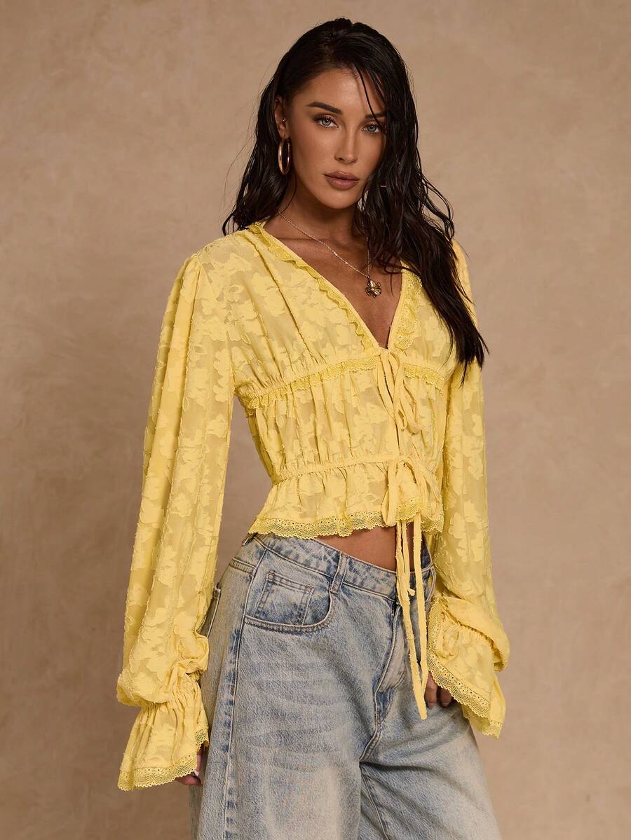 Glamine Blusa Casual de Renda Recortada de Moda Feminina para Férias - Branco - Visão 1