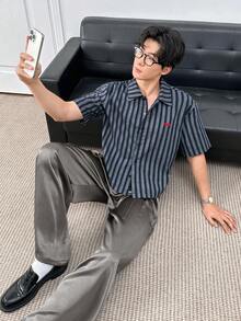 ESTAVOR 男士条纹简约休闲短袖衬衫 - 黑色 - 查看 5