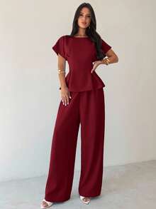 Firerie 两件套女士优雅通勤度假复古风套装，包含宽松圆领短袖褶皱衬衫上衣和阔腿裤，适合办公室、教师、机场、旅行等场合。 - 酒紅色 - 查看 5