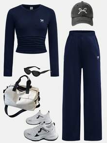 SHEIN Tween Girls Versatile Butterfly Pattern Long Sleeve Top And Pants 2 Pieces Set, Navy Blue - Navy Blue - View 12