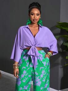 SHEIN CURVE+ Curve 尺码 US22 音乐节、海滨度假、波西米亚风 2025 百搭白色休闲套装，性感/简约露脐系带上衣和直筒裤套装，女士沙滩装/沙滩裙/沙滩度假装/沙滩必备/毕业典礼/下午茶会礼服，两件套夏季套装，夏季/乡村/沙滩度假装/沙滩装/沙滩服饰 - 紫色 - 查看 6
