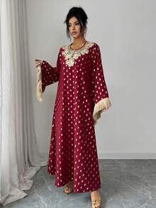 SHEIN Elenzya 女士优雅花卉流苏金属装饰连衣裙 - 紅色 - 查看 5