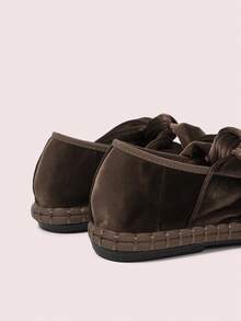 CUCCOO DOLLMOD Women's Burgundy Velvet Classic Comfortable Velvet Bow Decor Mary Jane Flat Shoes, Elegant - dark brown - View 8