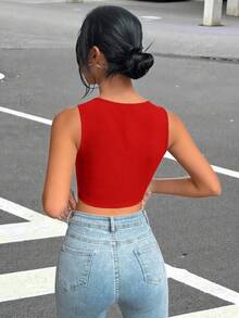 SHEIN EZwear Chaleco corto con botones delanteros de color liso para otoño/invierno - Rosa Roja - Ver 1