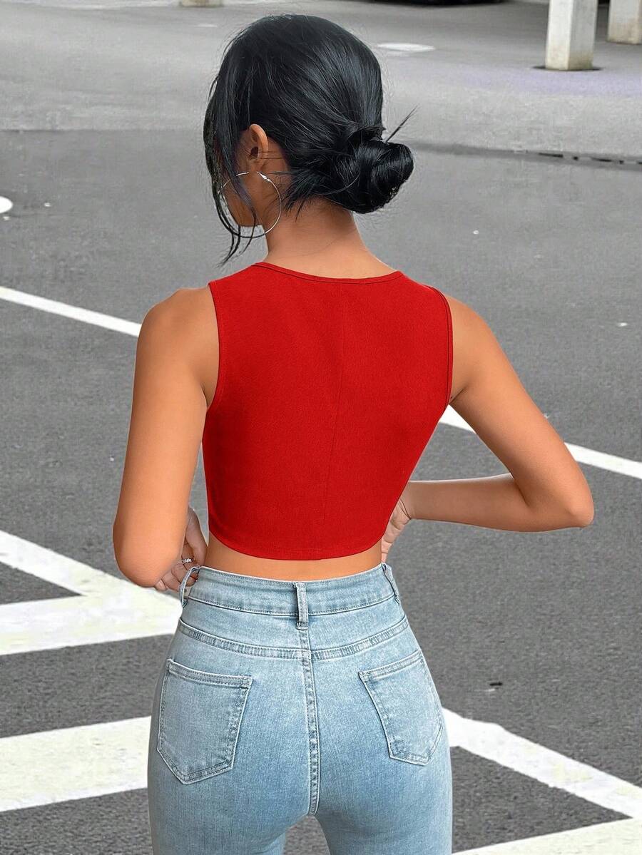 SHEIN EZwear Chaleco corto con botones delanteros de color liso para otoño/invierno - Rosa Roja - Ver 1