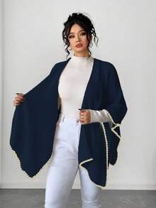 Elenzga 女士优雅宽松大码毛衣斗篷，适合秋冬季外套穿着 - 寶藍色 - 查看 3