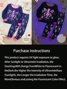Snug Fit Pajama Set For Young Girl,  Dark Blue Pink Blue Dreamy Fairy Glow-In-Dark Fiber Fitted Loungewear 2-Piece Combo Dreamy Fairy Wings Stars Glow-In-Dark Design Dark Blue Pink Blue Fairy Color Round Neck Long Sleeve Dreamy Fairy Top Glow-In-Dark Fiber Fitted Pants Fiber Set 2-Piece Combo Social Media Style Dreamy Fairy 2026 New Year Holiday Essential Spring Summer Autumn Winter Little Girls Dreamy Fairy Glow-In-Dark .This Product Requires UV Light Exposure To Glow.
