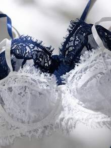4pcs Women's Solid Color Minimalist Everyday Lace Lingerie Set - Blue and White - View 3