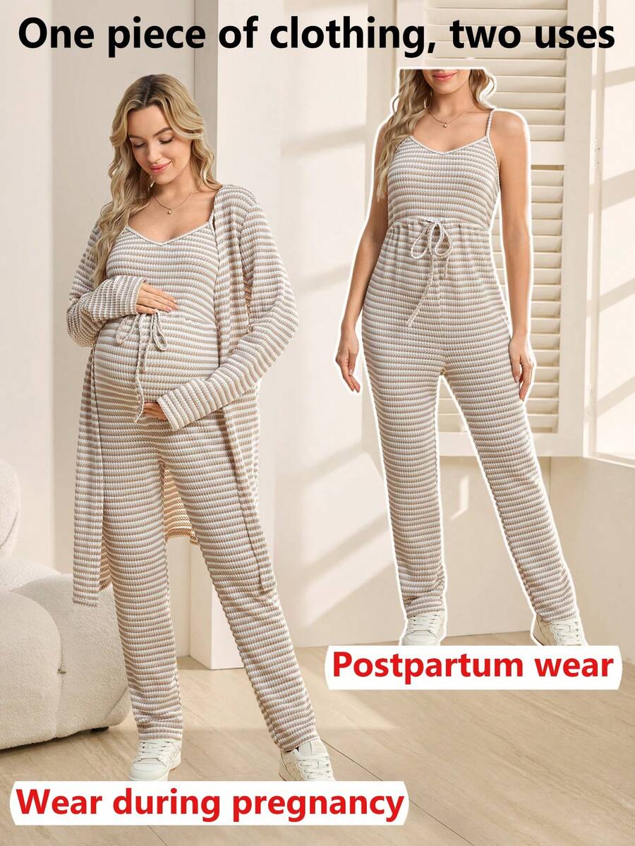 SHEIN Striped Casual Comfortable Knit Jumpsuit Maternity Two Pieces Set - Apricot - View 1