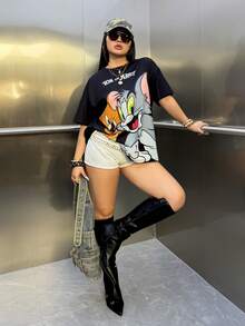 TOM & JERRY X SHEIN Plus Size  Summer  Y2K Cleanfit Casual Rave Outfits Festival  Punk Cover Up  Retro Vintage Cartoon Casual Cute Funny Black Cat Print Crew Neck Short Sleeve T-Shirt, Casual For Summer