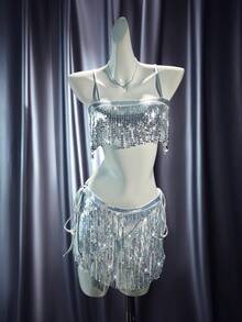 MidnightGlam 2pcs/Set Women's Sequin Patchwork Sexy Camisole Top - Silver - View 6