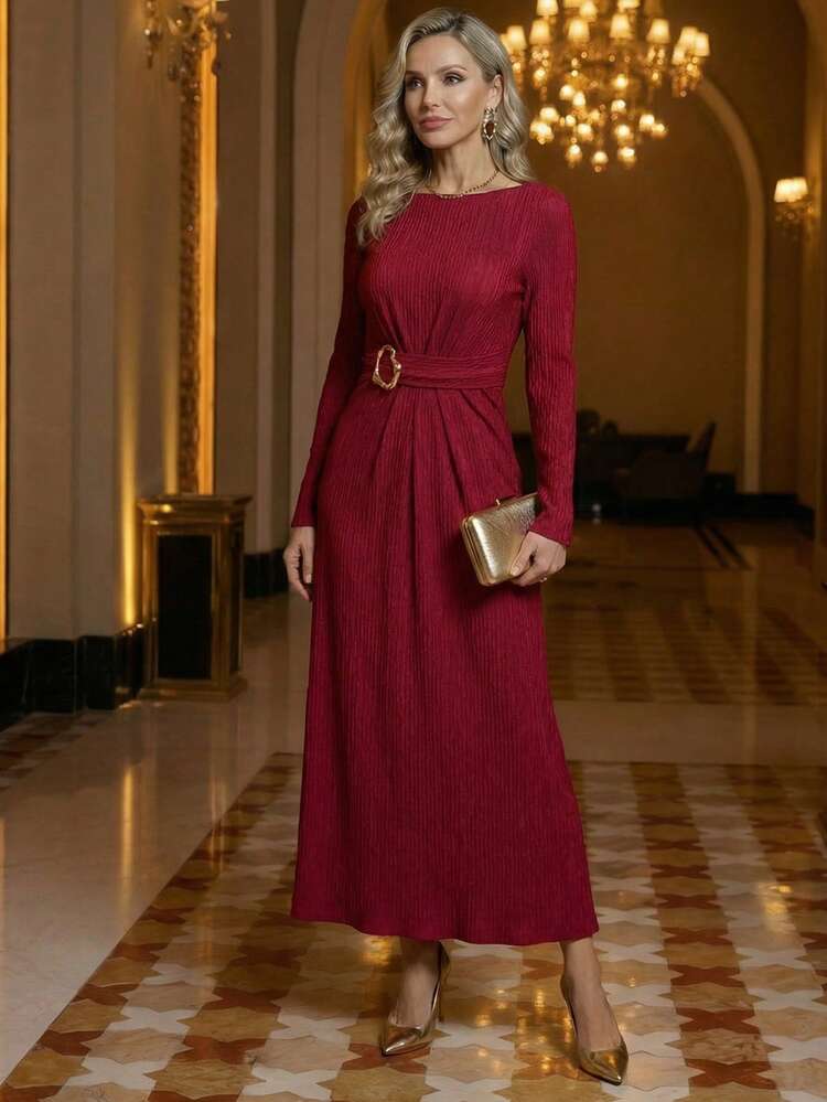 ミニマリスト カジュアル 無地 ウエストシェイプ ロングスリーブ ワンピース レディース