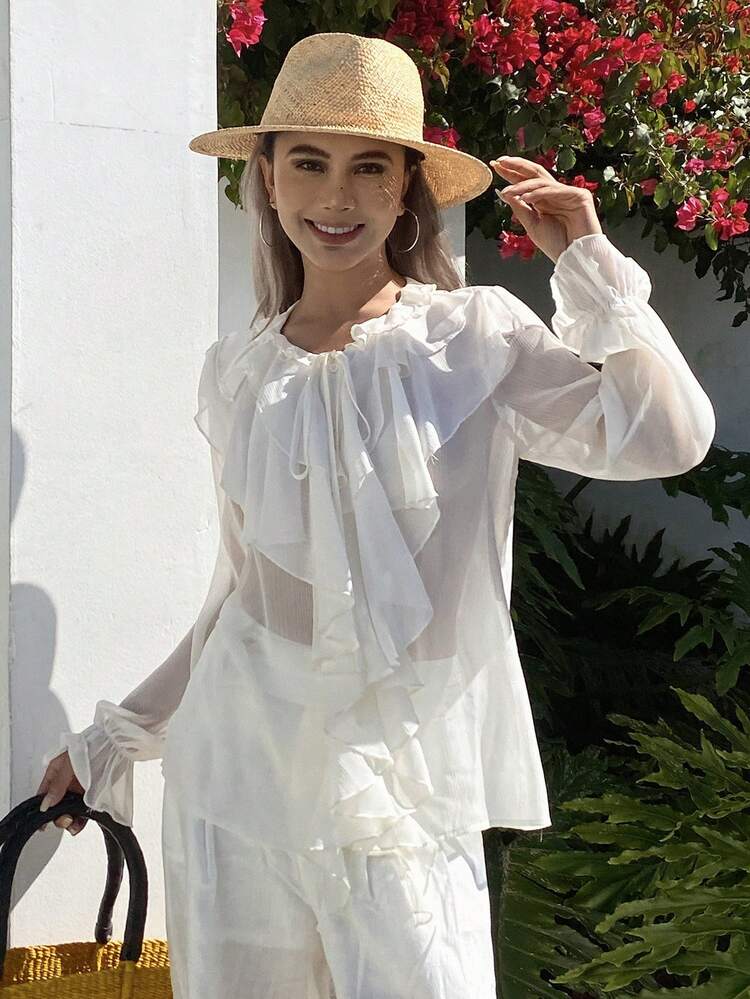 Ruffled Tie Front Casual Blouse For Women Spring