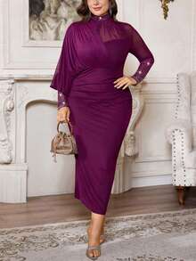Firerie Vestido de manga larga con pliegues en la cintura y adornos de strass, elegante y de talla grande, para otoño - Rojo violeta - Ver 5