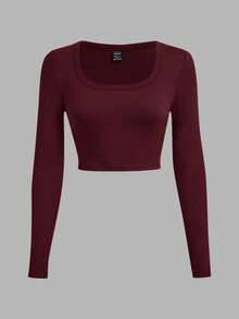 SHEIN EZwear 3件套休闲U领紧身短款长袖T恤，春/秋/冬 - 彩色 - 查看 5