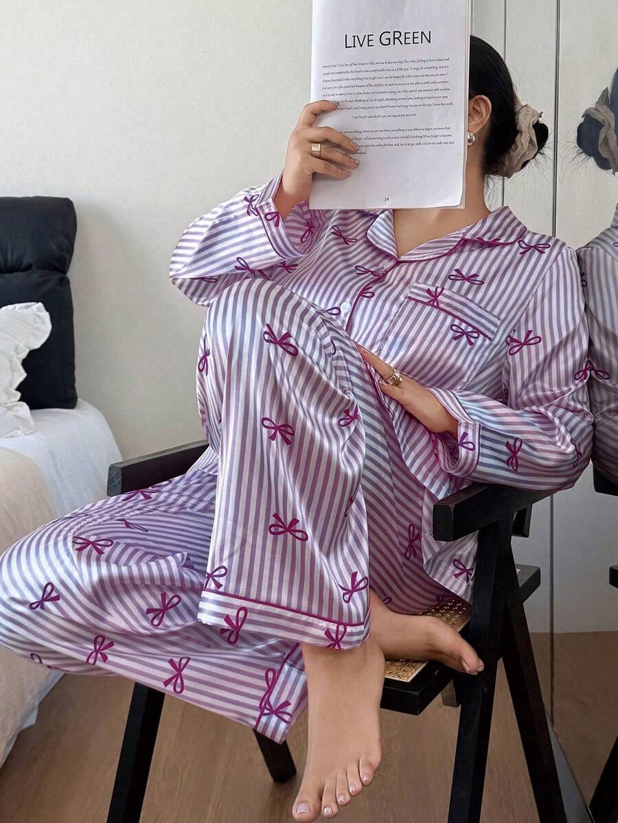 Dream Adore Bộ đồ ngủ nữ cỡ lớn thắt nơ, kẻ sọc, chất liệu giả lụa, cổ ve áo. - Màu tím - Xem 1