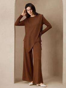 Graceveil Loose Casual Solid Color Knit Design Long Sleeve Top And Comfortable Long Pants Women's Arabic Style Set - Coffee Brown - View 5