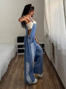 SHEIN Women's Striped Print Pocket Loose Denim Bib Jumpsuit - Dark Wash - View 5