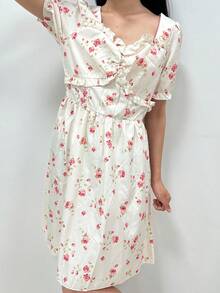 Breezaya Summer Heart-Shaped Neck Floral Print Holiday Style Short Sleeve Dress - Apricot - View 5