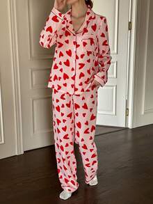 Dream Adore Red Heart Print Bubble Crinkle Women Long Sleeve Pajama Set Heart Pajama Set Pajamas Set For Woman Valentine's Day Pajamas Set - Red - View 6