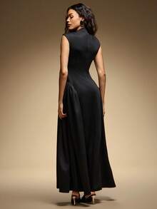 Hauture Women's High Neck Elegant Office Daily Going Out Pleated Hem Structured Maxi Dress - Black - View 4