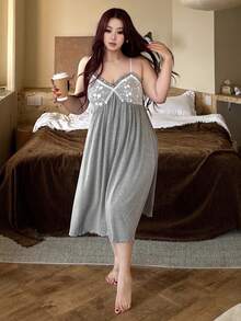 Dazy Plus Plus Size Women Lace Patchwork Solid Color Sexy Waist Cinched Long Nightgown, Sleeveless, Spring/Summer - Grey - View 6
