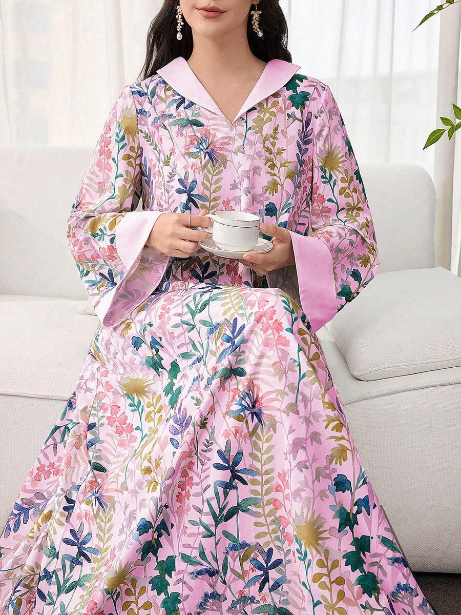 SHEIN Najma Elegant Floral Print Long Sleeve Loose Arabic Style Dress For Women - Pink - View 1