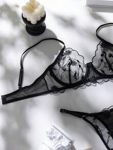 两件套女士浪漫性感薄纱刺绣网纱文胸套装（带钢圈） - 黑色 - 查看 5