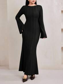 Veilorie 女士优雅提花喇叭袖连衣裙 - 黑色 - 查看 4