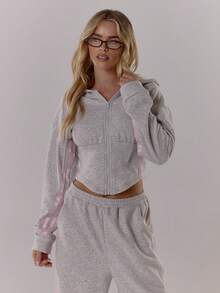 MUSERA Balloon Sleeve Contrast Pipping Cinched Waist Hooded Sweatshirt Casual, Airport, Loungewear, Back To School, Fall  Lounge Winter Spring - Grey - View 5