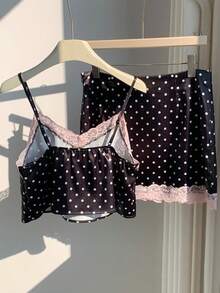 CovetEZ 2件套 女士波点印花蕾丝拼接吊带背心和短裤 - 黑色 - 查看 7