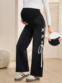 SHEIN 孕妇时尚休闲交叉蝴蝶结牛仔裤 - 黑色 - 查看 1