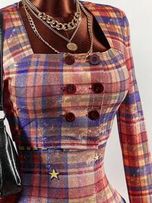 Amplova 2pcs/Set Women's Plaid Punk Street Style Jumpsuit And Jacket, Autumn/Winter Y2k Women Two Piece Outfits Plaid Two Piece Set - Multicolor - View 13