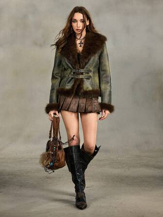 Grunge Punk Chaqueta de mujer vintage con lavado desgastado verde, parches de PU y forro de piel sintética